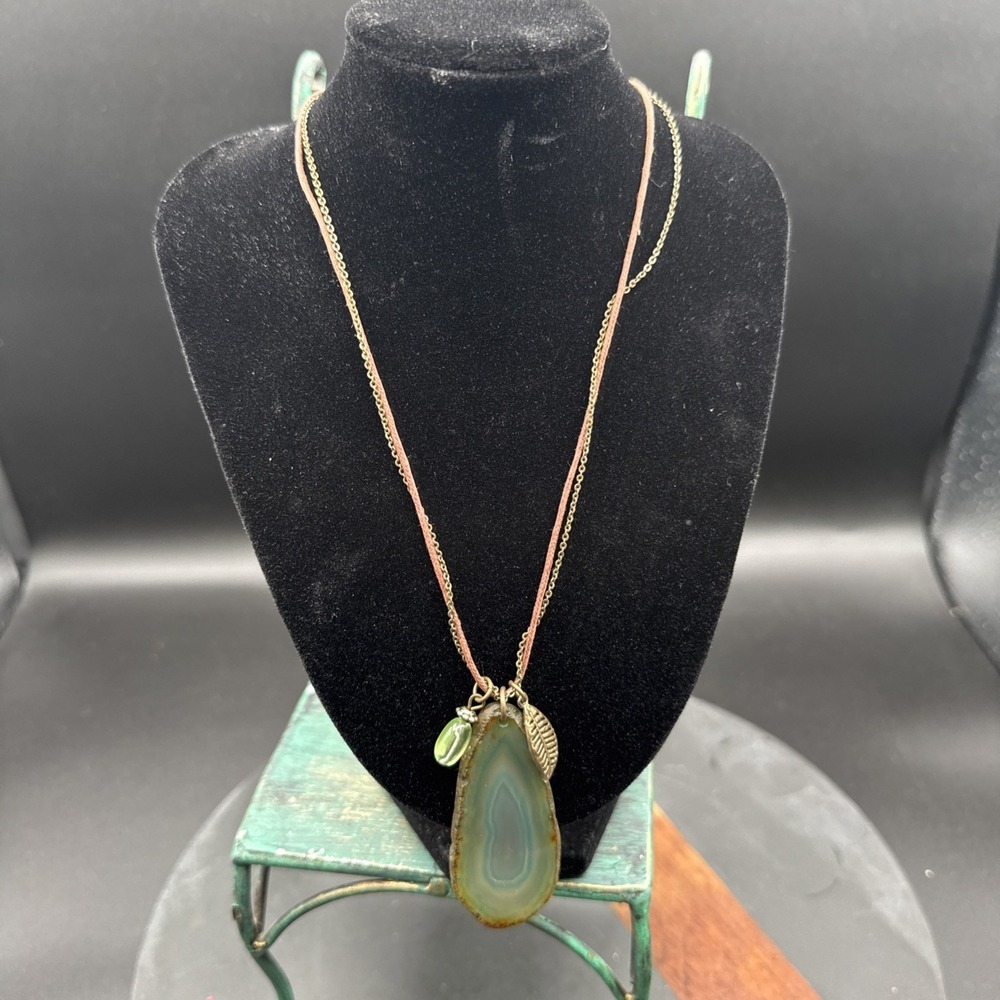 Natural Green Agate Slice Necklace With Brass Colored Leaf Boho Chic Coastal